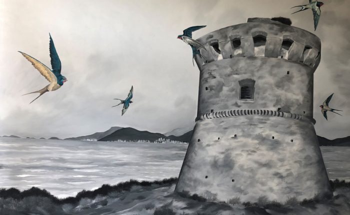 Les hirondelles de Capitello, par l’artiste peintre Adrien MARTINETTI. Hall d’entrée mairie annexe de Porticcio