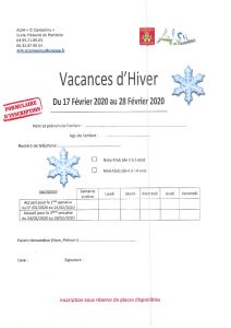 Bulletin inscription vacances d'hiver 2020